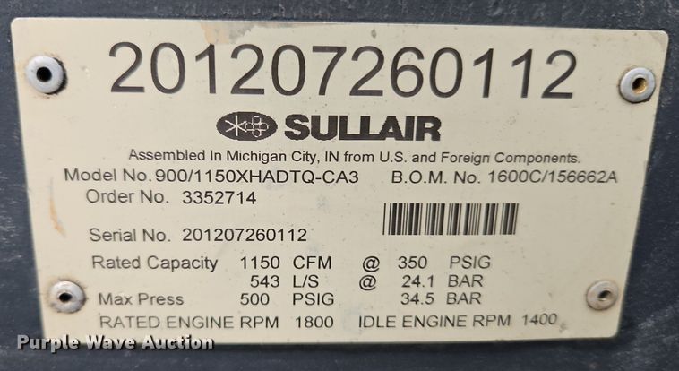image for item DN7033 2012 Sullair 900XHH1Q50XH  air compressor