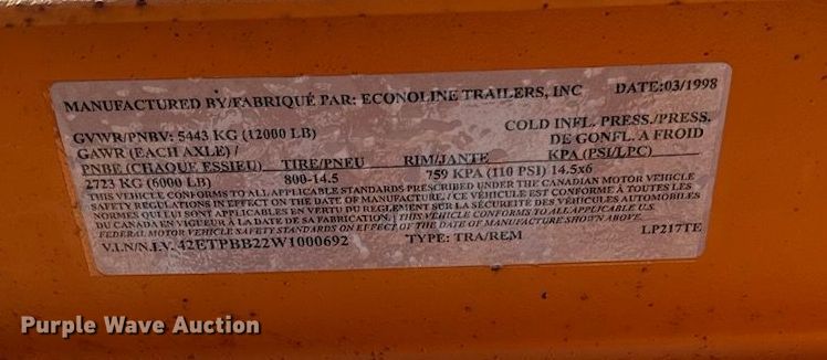 image for item DO4697 1998 Econoline Trailers LP217TE  equipment trailer