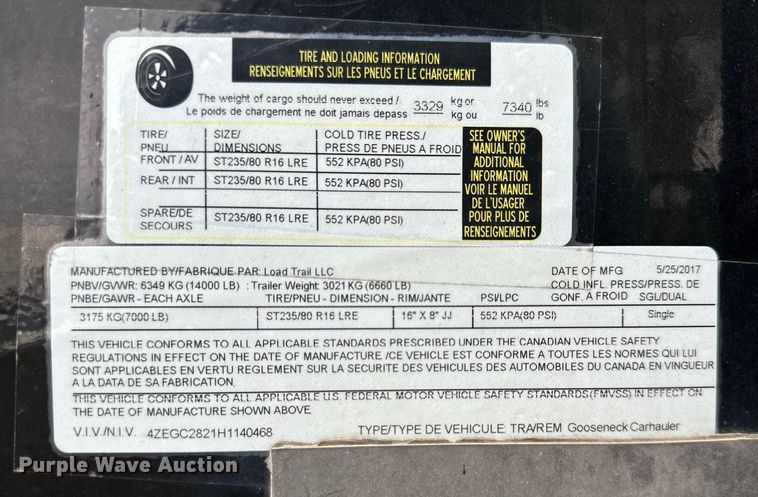 image for item DW2891 2017 Load Trail  equipment trailer