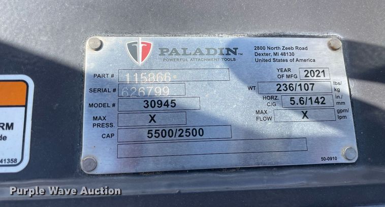 image for item GG9780 2021 Paladin 30945  skid steer forks