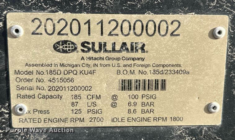 image for item IU9069 Sullair 185D  air compressor