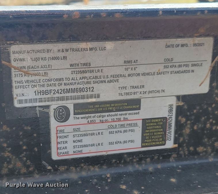 image for item JG9655 2021 H & W  tilt deck utility trailer