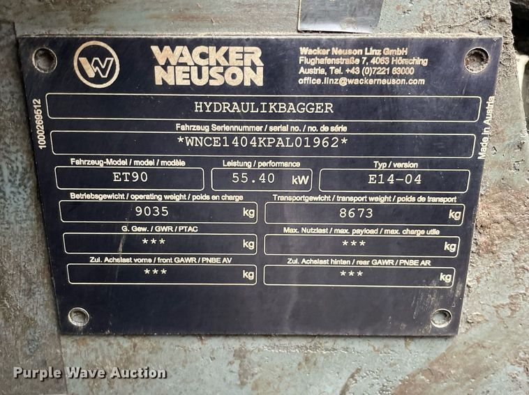 image for item LV9961 2019 Wacker Neuson ET90  mini excavator