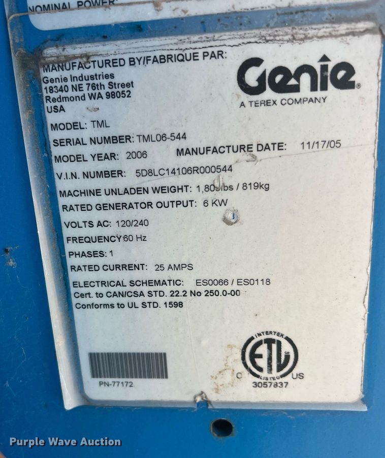 image for item ME9295 2006 Genie TML-4000N  light plant