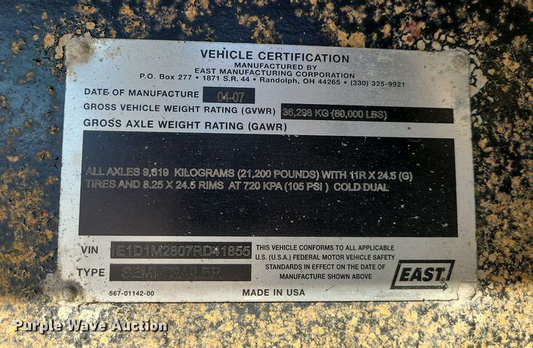 image for item MJ9484 2007 East  dump trailer