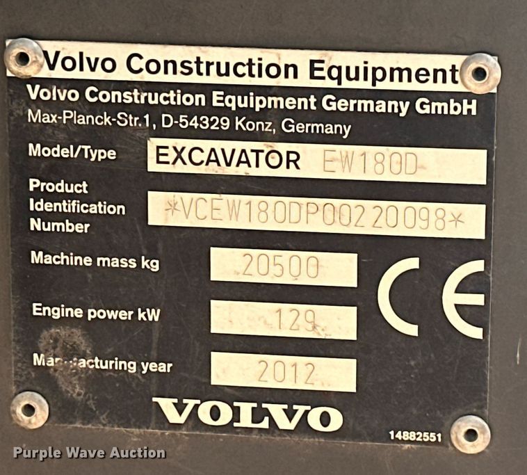 image for item NO9311 2012 Volvo EW180D  wheeled excavator