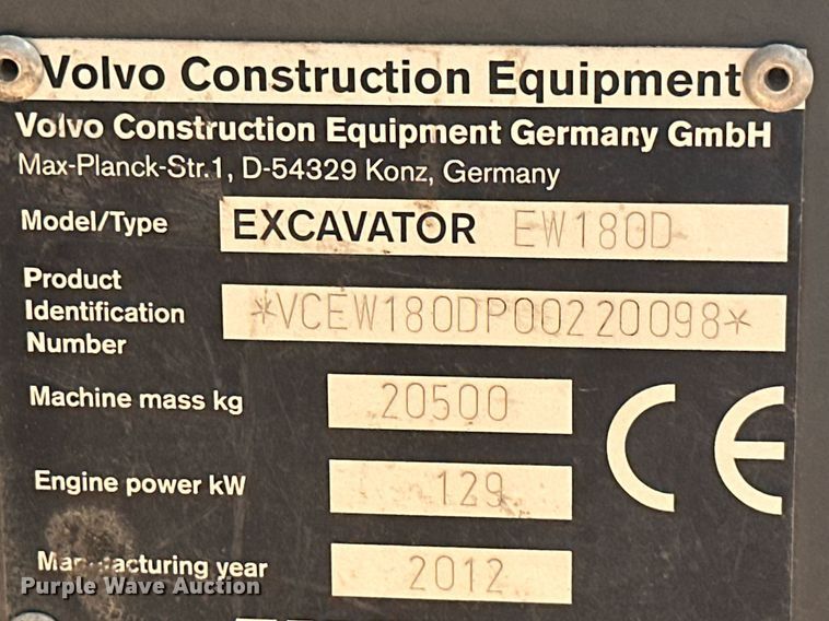 image for item NO9311 2012 Volvo EW180D  wheeled excavator