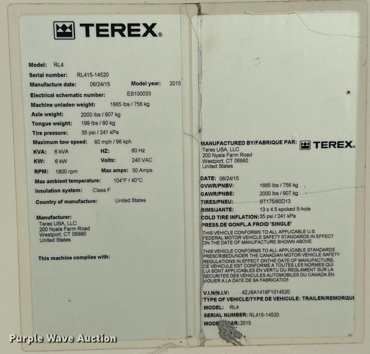 image for item NO9320 2015 Terex RL4  light plant