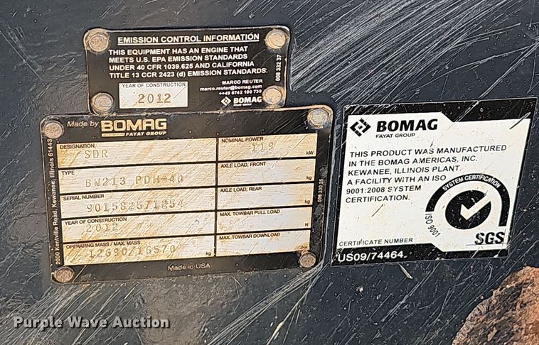 image for item NP9102 2012 Bomag BW213PDH-40  single drum vibratory roller