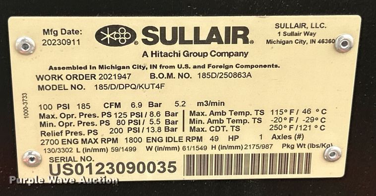 image for item NR9291 2023 Sullair 185D  air compressor
