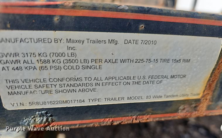 image for item DR5889 2011 Maxey  utility trailer