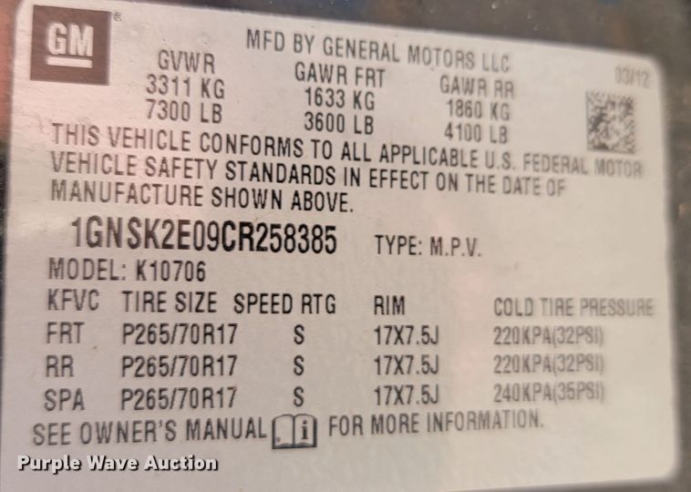 image for item JW9630 2012 Chevrolet Tahoe  SUV