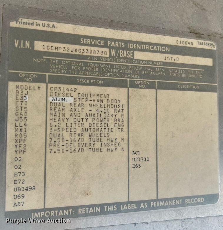 image for item NA9259 1986 Chevrolet Step Van 30 delivery truck