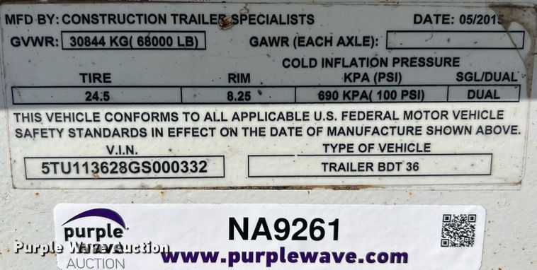 image for item NA9261 2016 Construction Trailer Specialists  BDT 36 bottom dump trailer