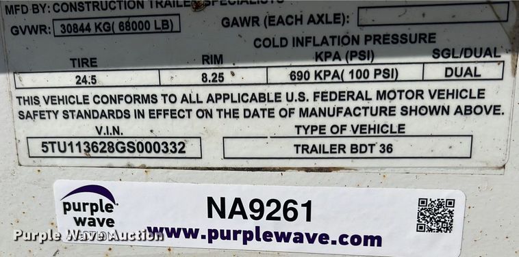 image for item NA9261 2016 Construction Trailer Specialists  BDT 36 bottom dump trailer