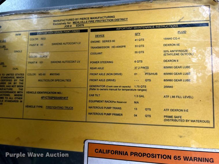 image for item NR9290 1999 Pierce  fire truck