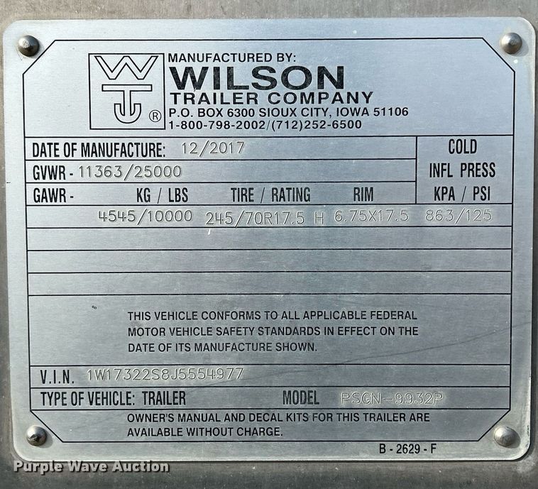 image for item DQ1040 2018 Wilson PSGN-9932P  livestock trailer