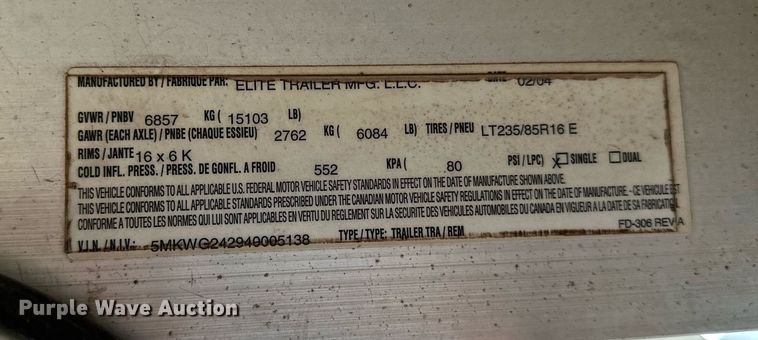 image for item NQ9486 2004 Elite  livestock trailer