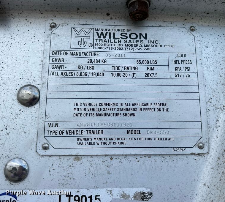 image for item OK9145 2012 Wilson DWH-550 Pace Setter  grain trailer