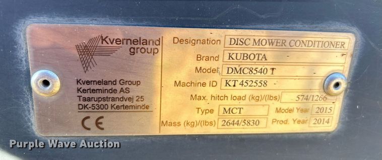 image for item OM9191 2015 Kubota DMC8540T  windrower