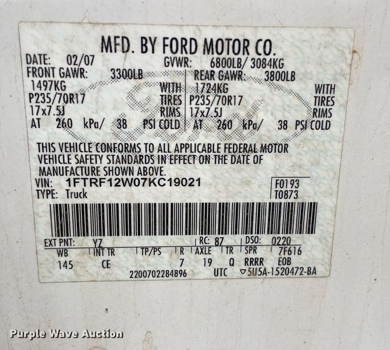 image for item JE9392 2007 Ford F150 XL  pickup truck