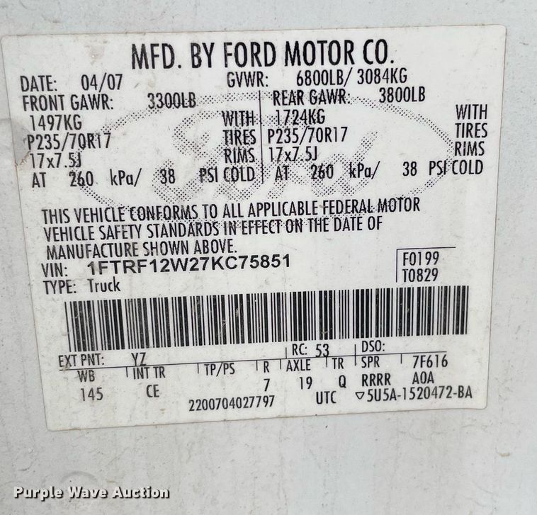 image for item JE9393 2007 Ford F150 XL  pickup truck