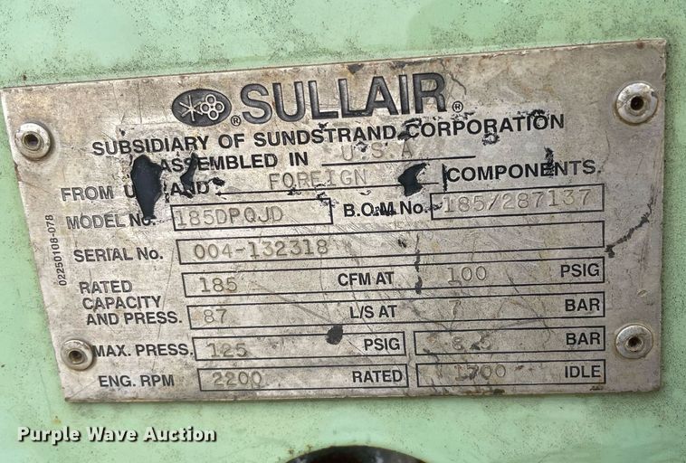 image for item JE9488 2000 Sullair 185  air compressor