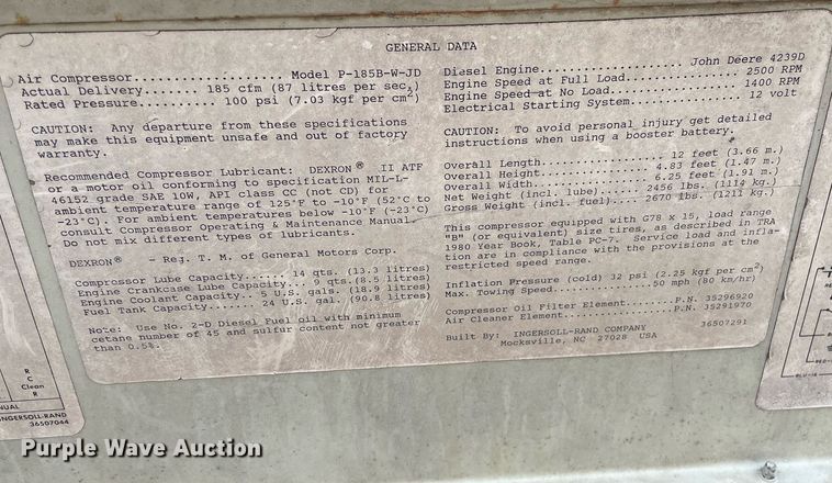 image for item JE9489 1992 Ingersoll Rand  air compressor