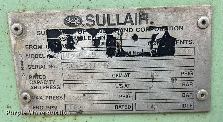 image for item JE9490 Sullair 185  air compressor