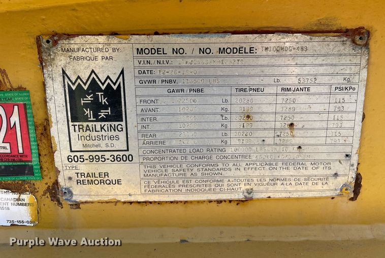 image for item DP0227 1991 Trail King TM100MDG-483  lowboy equipment trailer