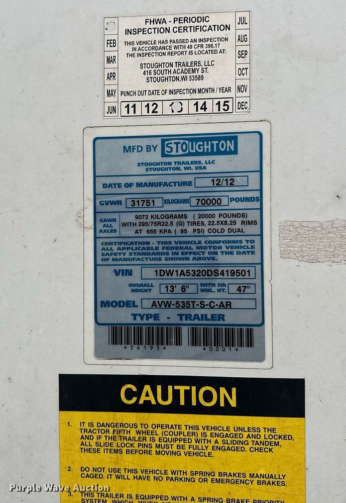 image for item LO9315 2013 Stoughton AVE-535T-S-C-AR  dry van trailer