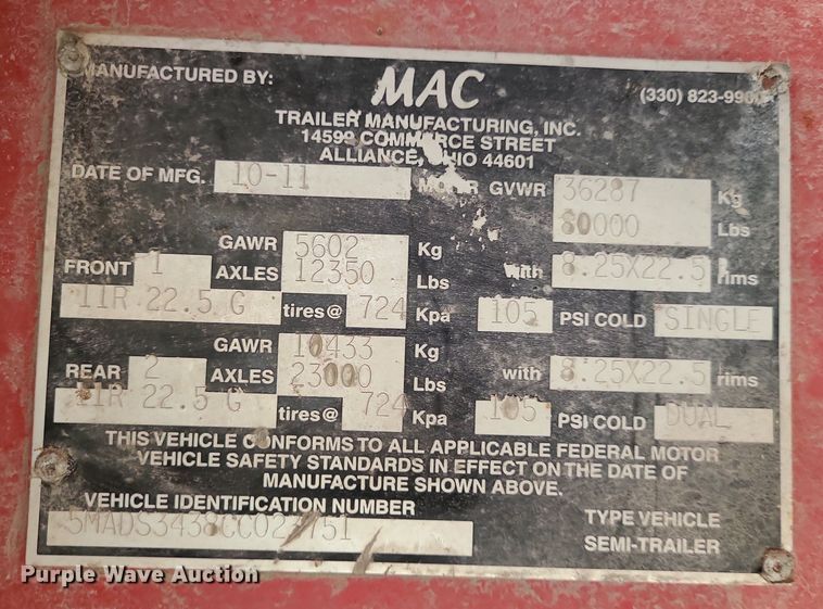 image for item MO9903 2012 MAC end dump trailer