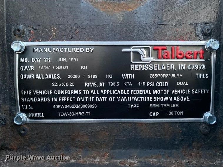 image for item NL9675 1991 Talbert TDW-30-HRG-T1  lowboy equipment trailer