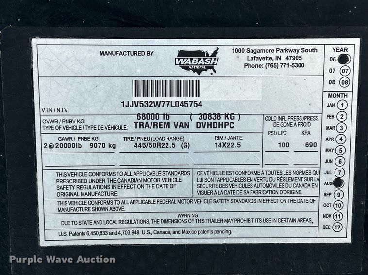 image for item NR9381 2007 Wabash DVHDHPC  dry van trailer