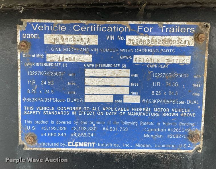 image for item NZ9014 2002 Clement HL-3966-AIR  end dump trailer