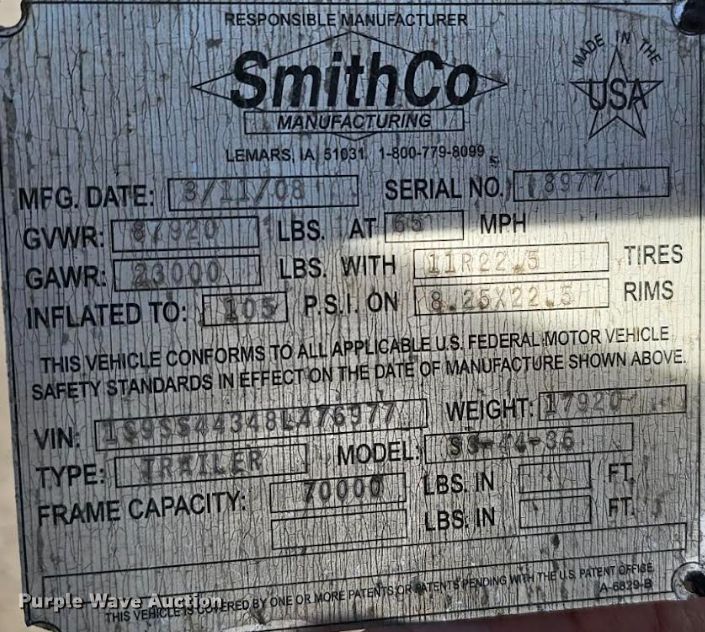 image for item DQ8465 2008 Smithco S3-44-36 side dump trailer