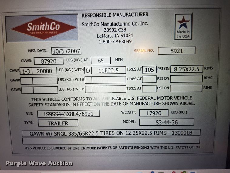 image for item DQ8467 2008 SmithCo S3-44-36 side dump trailer