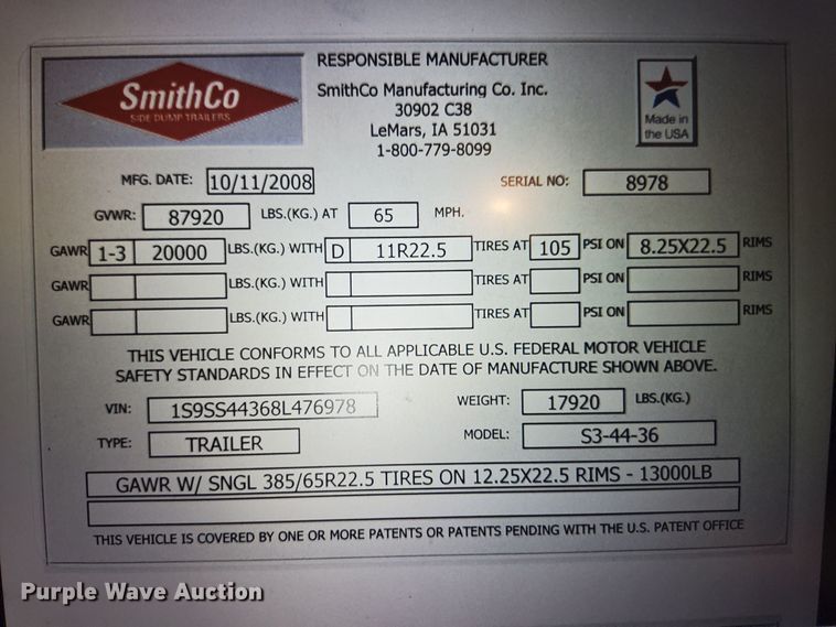 image for item DQ8468 2008 SmithCo S3-44-36 side dump trailer