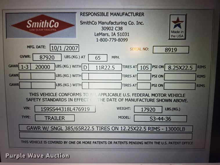 image for item DQ8490 2008 SmithCo S3-44-36 side dump trailer
