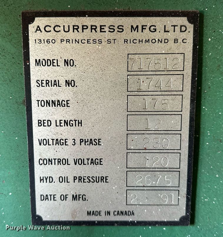 image for item DP3208 1991 Accurpress 717512  press brake