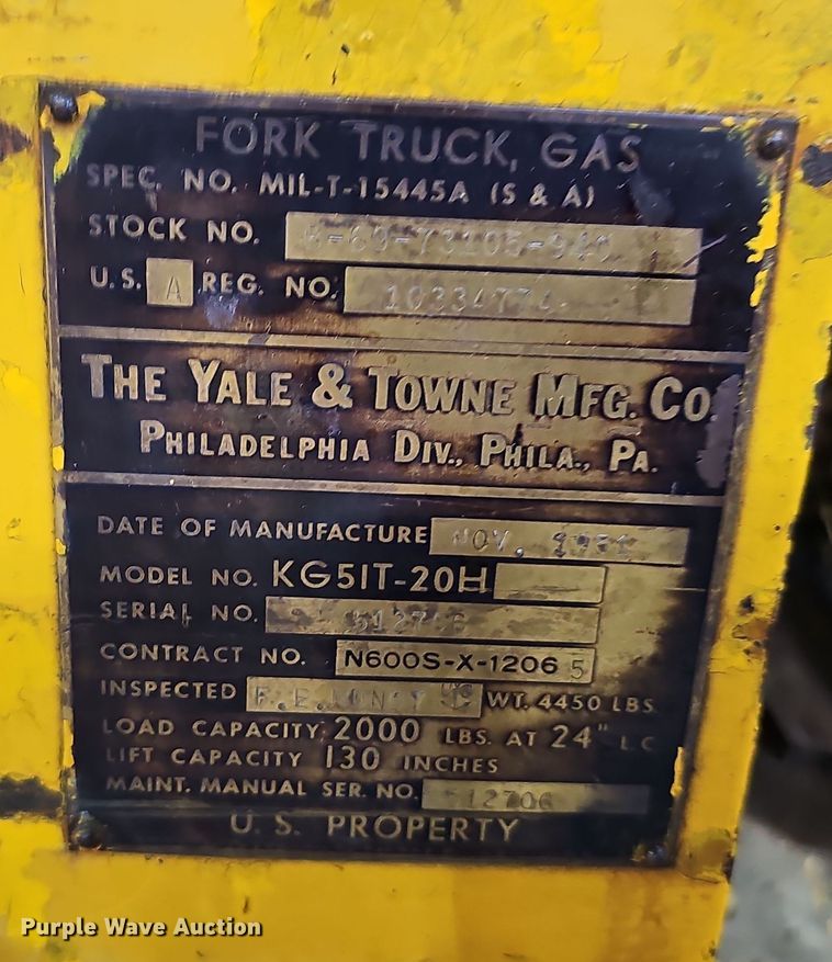 image for item DS5694 1951 Yale & Towne Mfg. Co KG5IT-20H  forklift