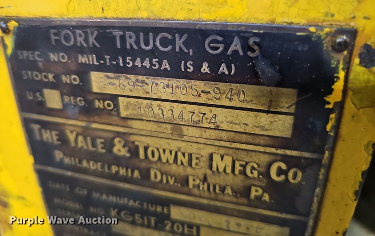 image for item DS5694 1951 Yale & Towne Mfg. Co KG5IT-20H  forklift