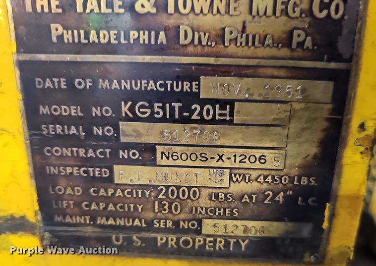 image for item DS5694 1951 Yale & Towne Mfg. Co KG5IT-20H  forklift