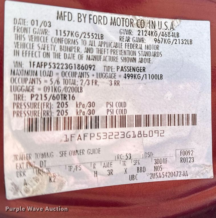 image for item GG9872 2003 Ford Taurus SE