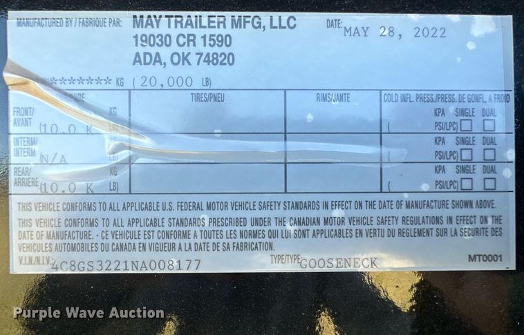 image for item IU9027 2022 May Trailer Co.  equipment trailer