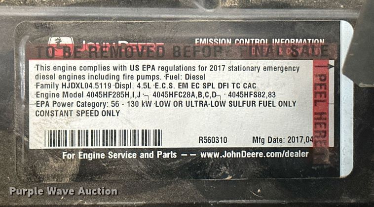 image for item IU9103 2017 Kohler 100RE0ZJF  generator