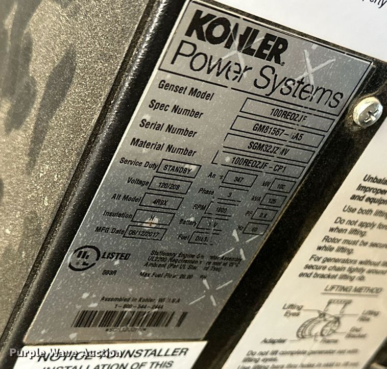 image for item IU9103 2017 Kohler 100RE0ZJF  generator