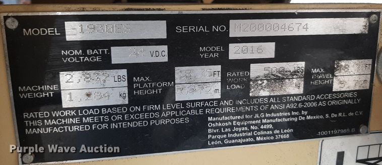 image for item KD9143 2016 JLG 1930ES  scissor lift