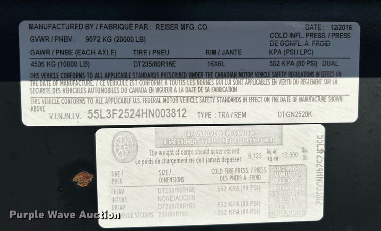 image for item KH9617 2017 Reiser DTGN2520K  equipment trailer