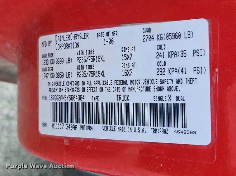 image for item LB9584 2000 Dodge Dakota  Quad Cab pickup truck